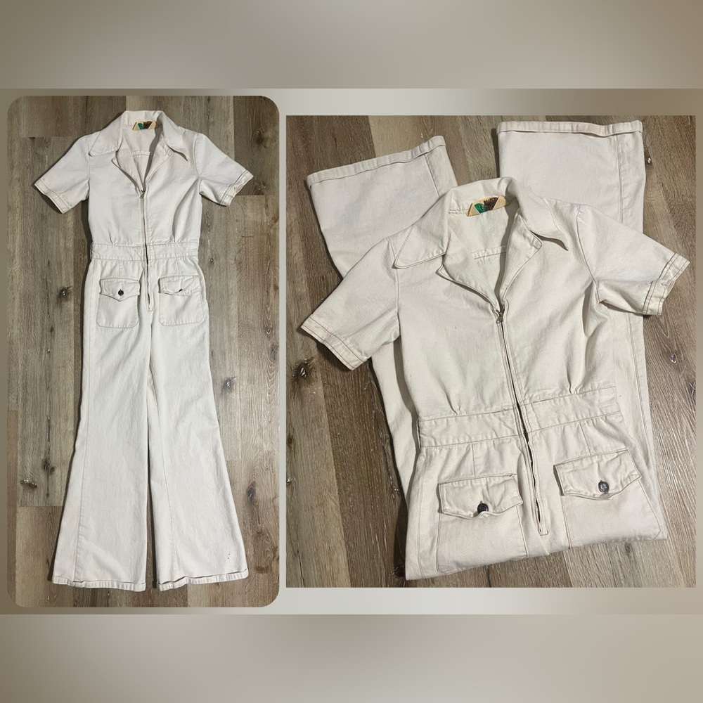 VTG RARE 70’s Wild Oats Cream Cotton Denim Short Sleeve Zipper Jumpsuit